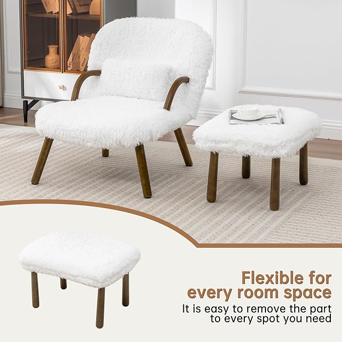 Modern Corduroy Accent Chair with Ottoman White Upholstered Lounge Chair Set with Wood Arms Living Room Furniture 31.5 Height (Artificial Fur White)