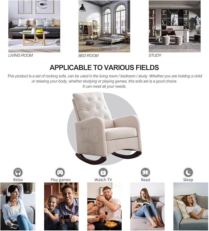 Modern Accent Tufted Rocking Chair High Backrest Living Room Lounge Arm Rocking Chair Two Side Pocket