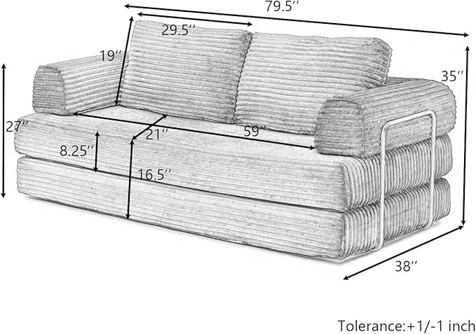 Convertible Folding Sofa Bed Modern Futon Sleeper Sofa Fold Out Couch Bed with Gold Fixed Frame Modular Floor Sofas Comfy Corduroy Boneless Couches for Living Room (80 Beige)
