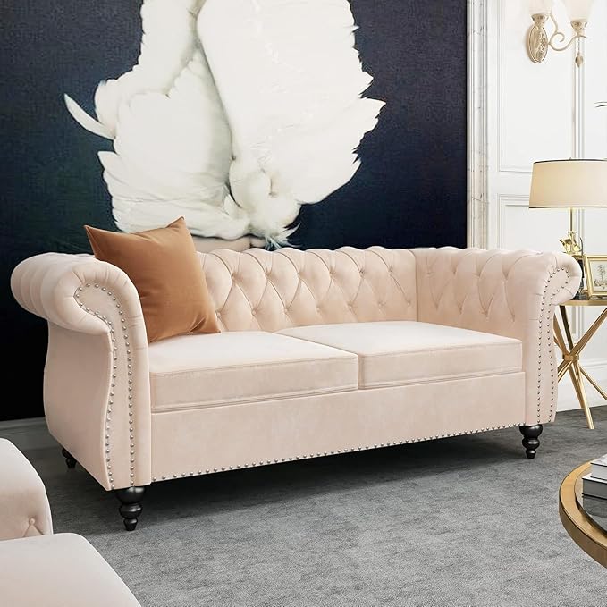 AVZEAR Chesterfield Loveseat Modern Velvet Sofa Tufted Couch 2 Seater with Scroll Arms and Nailhead for Living Room Bedroom Office Apartment Beige