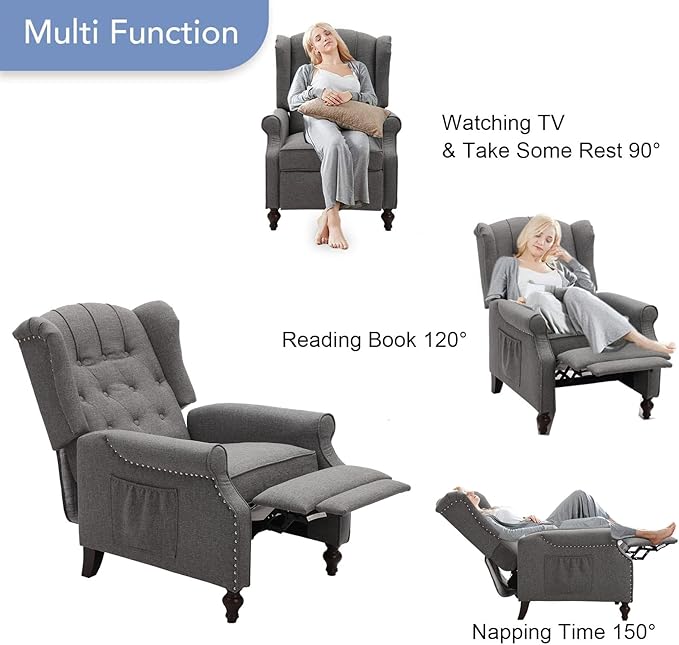IPKIG Recliner Chair with Heated and Massage Tufted Button Wingback Design Push Back Chair Recliners Armchair Accent Chairs with Side Pockets for Living Room Bedroom Home Office (1 Grey)