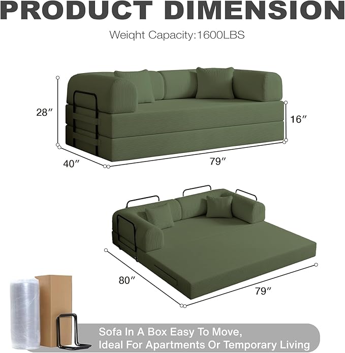 79'' Folding Sofa Bed 5-in-1 Convertible Sofa Bed BonelessComfy Foldable Foam Couch with Pillow Modular Floor Couch for Living RoomBedroomLounge - Corduroy OliveGreen
