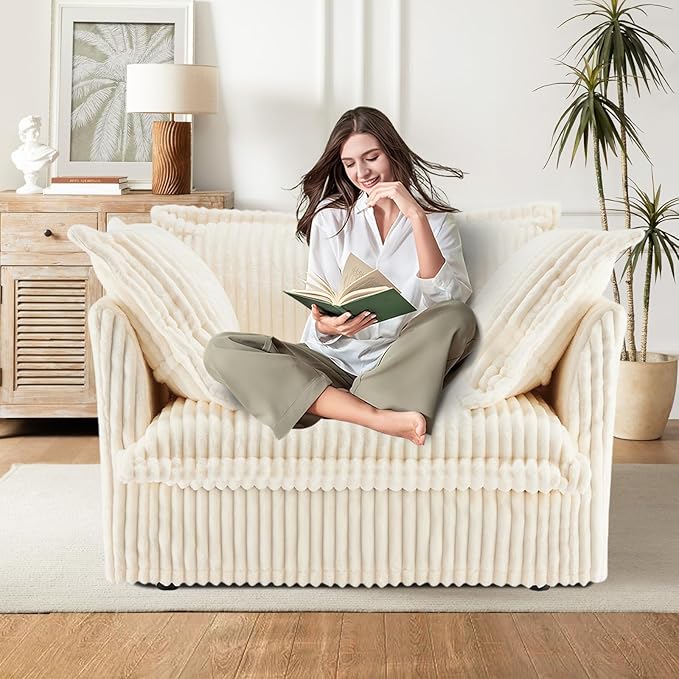 49''W Corduroy Chaise Lounge Chair Indoor Oversized Upholstered Sleeper Sofa with Movable Ottoman and 2 Pillows Removable Sofa Cover for Living Room Home Theater Apartment(Beige)