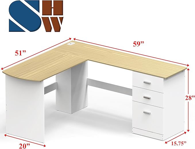 SHW 51 x 59 Inches L-Shaped Home Office Wood Corner Desk with Box Box File Drawers Oak