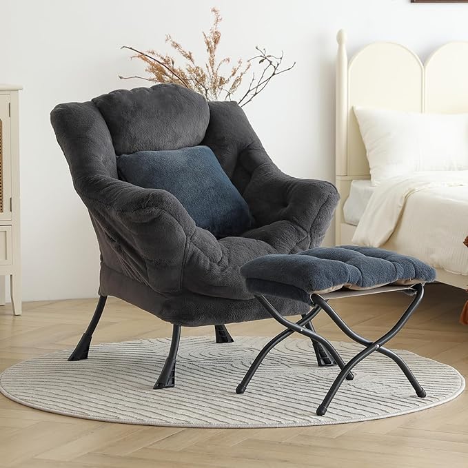 Lazy Chair with Ottoman Large Blue Gray Accent Chair with Ottoman and FA Throw Pillow Comfy Plush Reading Chair for Living Room Bedroom Dorm Room Office Apartment Relaxing Use