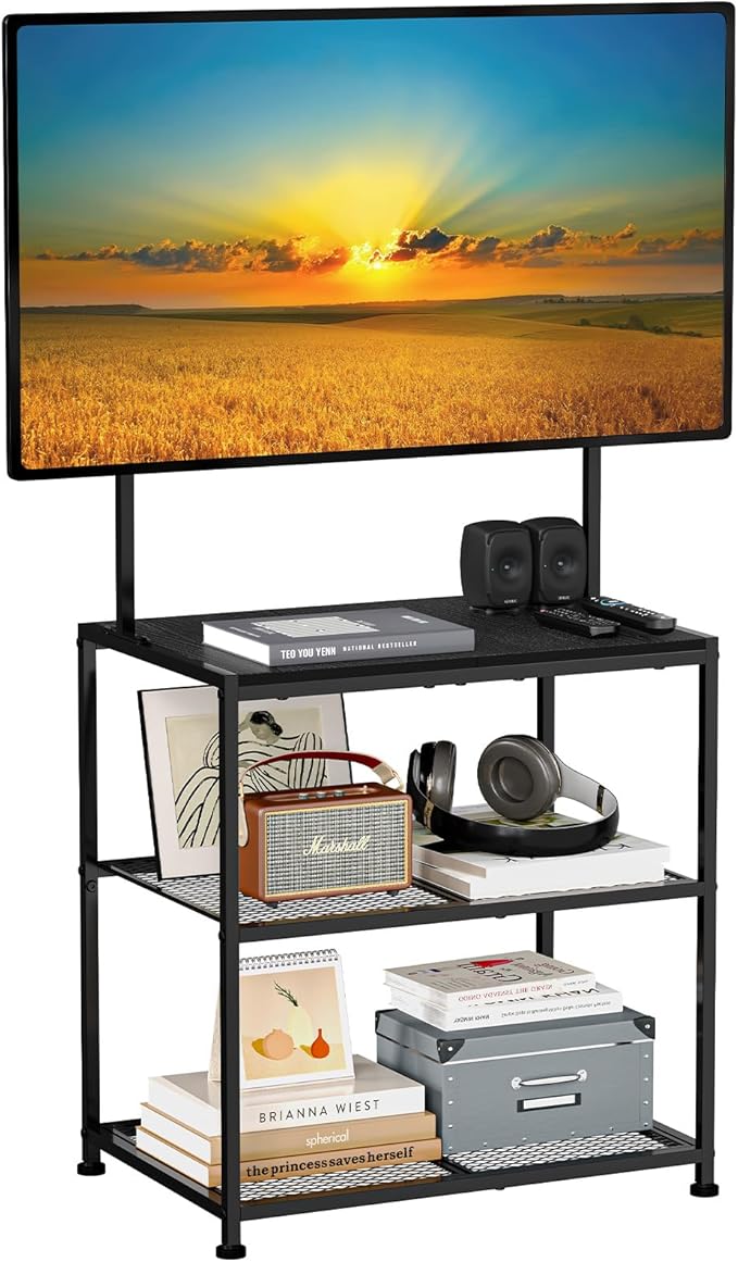 23 Inch to 50 Inch Floor Small Corner TV Stand with Storage Shelves for Living Room Bedroom Universal Floor Television Stands with Mount Farmhouse Black TV Table Desk Shelf for Small Spaces