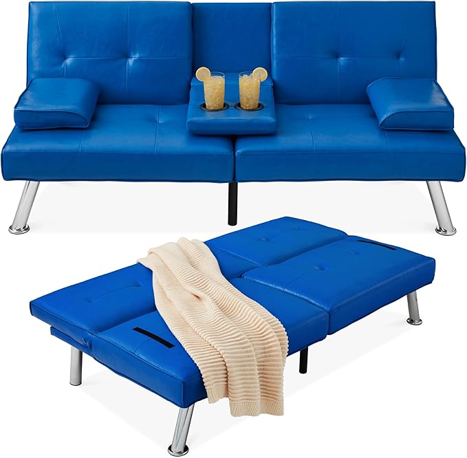 Best Choice Products Faux Leather Upholstered Modern Convertible Futon Adjustable Folding Sofa Bed Guest Bed w/Removable Armrests - Royal Blue