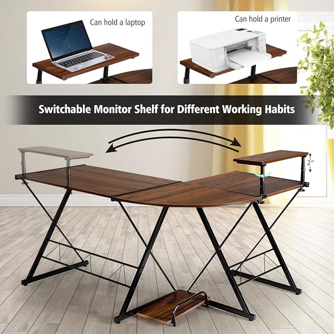 Tangkula L-Shaped Computer Desk 58 Inches Corner Computer Desk with Movable Shelf &amp CPU Stand Space Saving Computer Workstation Home Office Desk (Brown)