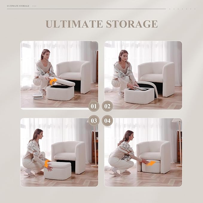 COLAMY Upholstered Sherpa Barrel Accent Chair with Storage Ottoman Morden Living Room Side Chair Single Sofa Armchair with Lounge Seat for Bedroom/Office/Reading Spaces Cream