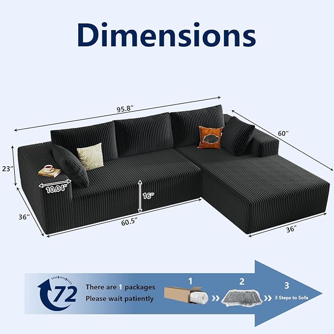 96 Modular Sectional Sofa Modern Corduroy Cloud Couch with Deep Seat Boneless Couch Upholstered 3-Seater L-Shaped Sofa for Living Room No Assembly Required (Black Right-Facing Chaise)