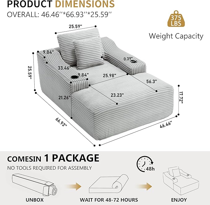 67inch Chaise Lounge Chair Indoor Upholstered Corduroy Couch with 2 PillowsComfy Fluffy Cloud CouchSingle Sleeper Sofa Chair for Livingroom (Light Gray 46.5W X 67D with Cup Holder)