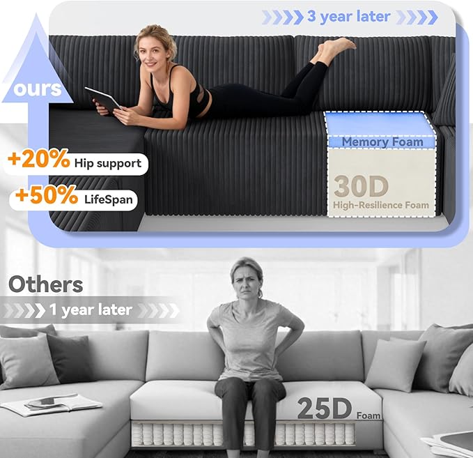 135 U Shaped Boneless Couch Oversized Boneless Sectional Couches for Living Room Large Modular Sofa with Ottoman Plush Corduroy Couch with Deep Seat Chaise No Assembly Black