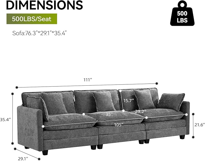 3-Seater Cloud Couch Oversized Modular Sectional Sofa with Deep Seat Soft Cushions Comfy Chenille Couch for Living Room Apartment &amp Family Space Grey