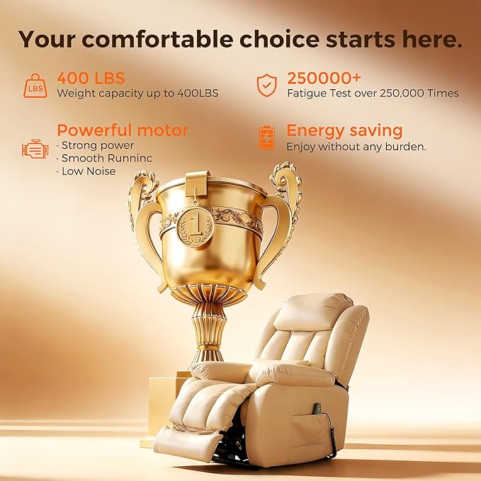 Power Lift Recliner Chair with 8-Point Massage &amp Heat Dual Remote USB/Type-C Ports Easy-Clean Leather Width 19.7 (Leather Beige)