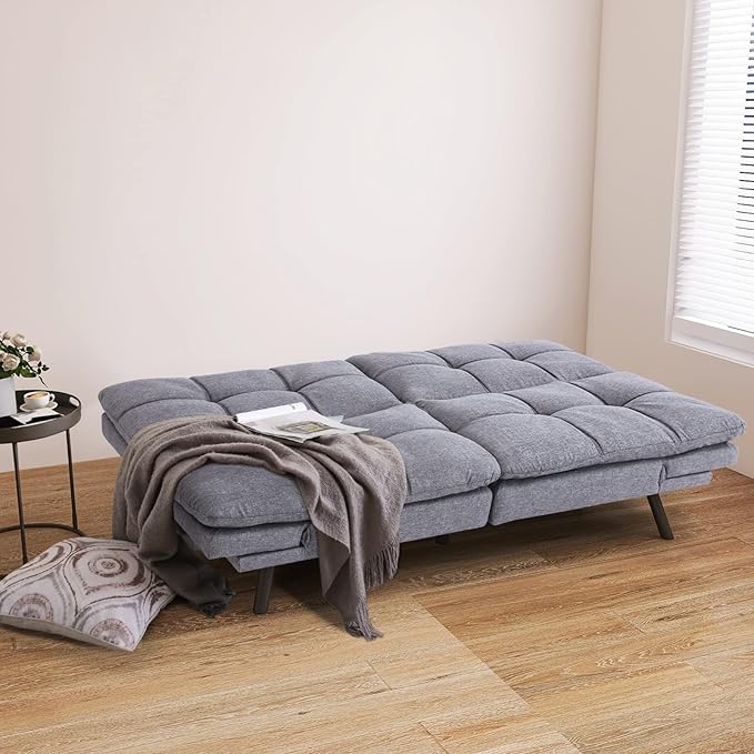Vyfipt Futon Bed/CouchGrey Polyester Memory Foam Small Splitback Easy-Convert Backrests&ampArmrestsStain-Resistant Fabric Sofas 71x33x31.5