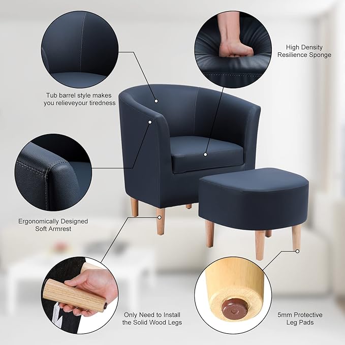 DAZONE Leather Chair Accent Chair Mid Century Modern with Ottoman Faux Barrel Comfy Armchair Upholstered Club Tub Round Arms for Living Room Bedroom Reading Navy Blue Set of 1