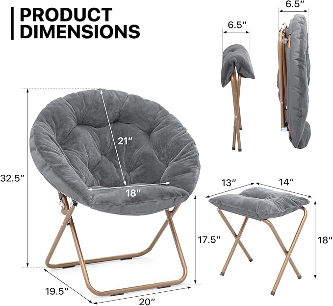 MoNiBloom Round Folding Faux Fur Saucer Chair for Bedroom Living Room Dorm Foldable Metal Frame Oversized Large Comfy Furry Padded Soft Cozy Moon Chair with Footrest Ottoman for Adults (Gray)