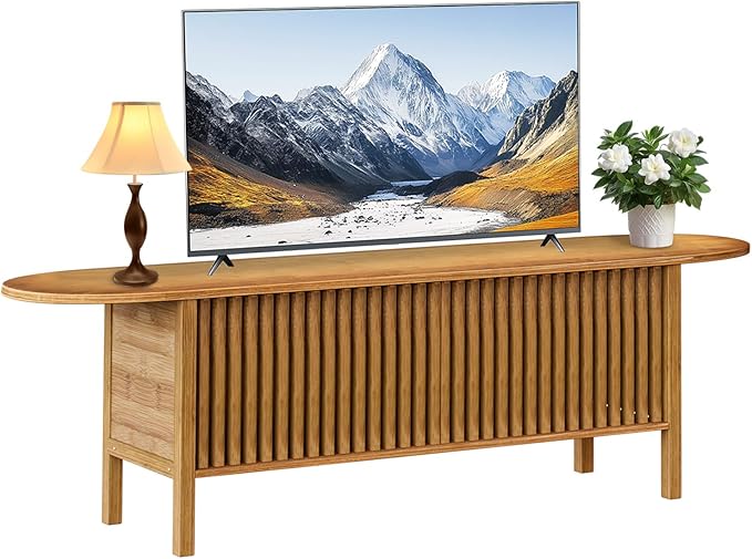 Bamboo TV Stand for TVs up to 65 Accent Entertainment Center with Storage Media Console Table with Fence Door Modern TV Stand for Living Room Bedroom 55(L) Walnut