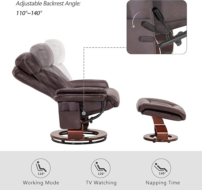 MCombo Swivel Recliner with Ottoman Faux Leather TV Chair with Vibration Massage Ideal for RV Small Space Living Room &amp Bedroom 4999 (Faux Leather Dark Brown)