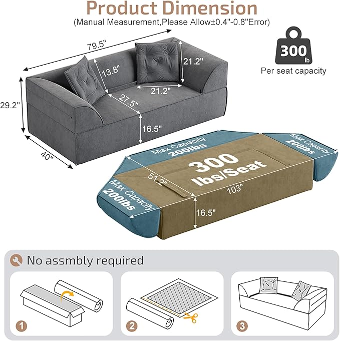 3-in-1 Convertible Sofa Bed 3-seater Boneless Futon Couch with Adjustable Backrest and Armrests Chenille Chaise Lounge Sofa with Pillows Floor Sleeper Loveseat for Living Room Reading Room Grey