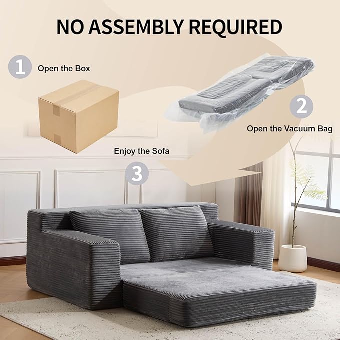 72 Boneless Loveseat Couch Foldable Pull Out Sofa Bed with 2 Pillows Corduroy Floor Sofa for Apartment Living Room Bedroom Guest Room No Assembly (Dark Grey)