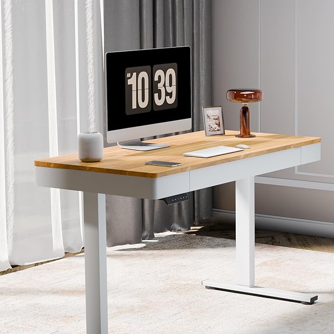 FLEXISPOT Q5 Standing Desk with Drawer 48 x 24 Inch Electric Adjustable Height Stand Up Desk with Storage Organizer Whole Piece Wooden Desktop for Home Office Computer Workstation Maple