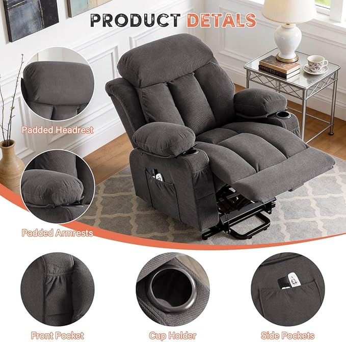 BOSMILLER Power Lift Recliner Chair with Massage and Heat for Elderly Electric Recliner Single Sofa with Two Cup Holders Extended Footrest Side Pocket and USB Charge Port for Living Room