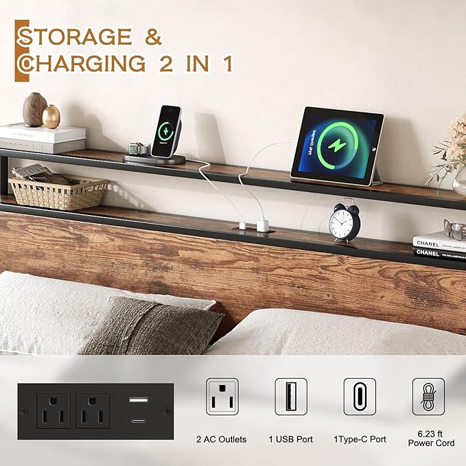 Queen Bed Frame with USB Charging Station &amp Storage Headboard Modern Metal Platform Bed with Large Under Bed Space Noise Free Easy Assembly No Box Spring Needed Rustic Brown