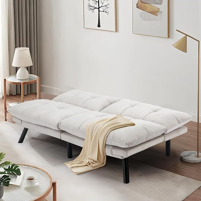 Convertible Futon Double Sofa Bed2 in 1 with Adjustable Backrest Memory Foam Loveseat for Living Room Bedroom Office Apartment Compact Sofa(Beige)