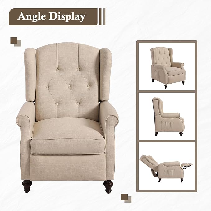 Wingback Recliner Chair with Massage and Heat Tufted Fabric Push Back Arm Chair Recliner Chair for Living Room Bedroom Home Theater (2Beige)
