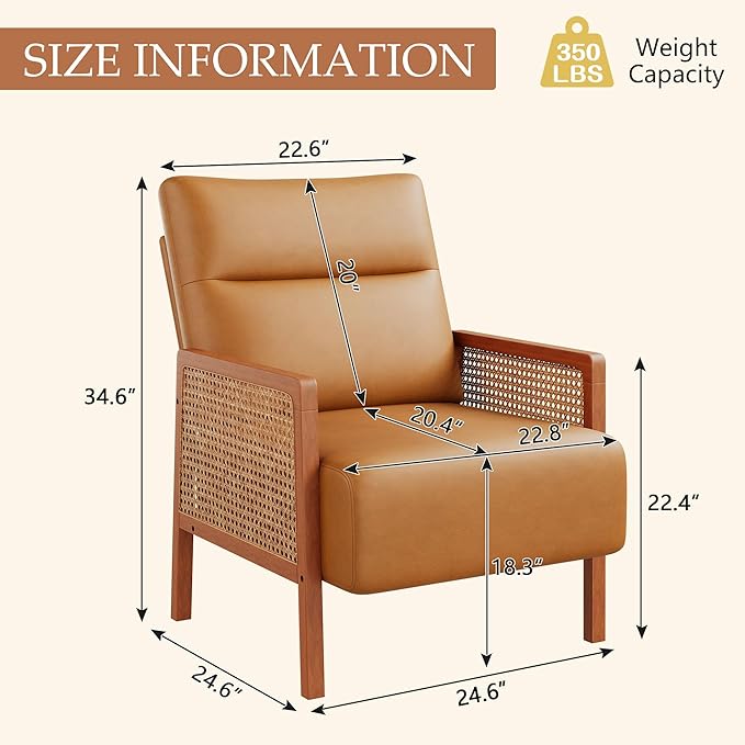 Andeworld Brown Accent Chairs Set of 2Upholstered Modern Living Room Chairs with Natural Rattan Arm Faux Leather Arm Chairs for Bedroom Club Balcony Reception