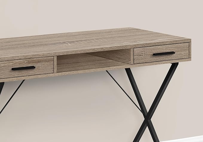 Penau Contemporary Computer Desk Multi-Use Home Office Laptop Table 42 Inch with Storage Drawers and Open Shelf Dark Taupe Wood Look Black Metal Base
