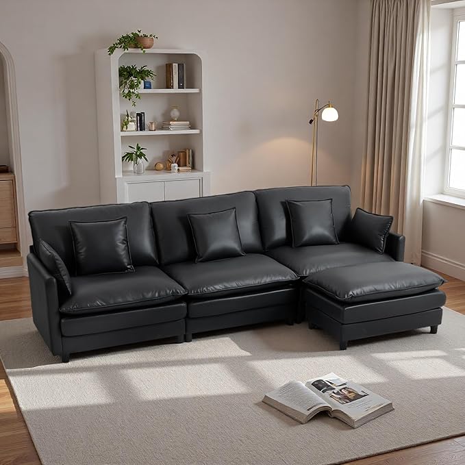 L Shaped Cloud Sofa 4-Seater Modular Couch with Double Layer Upholstered Seat Cushion PU Sleeper Sofa with Ottoman &amp Pillows Comfort Couches for Living Room Bedrooms &amp Apartments Black
