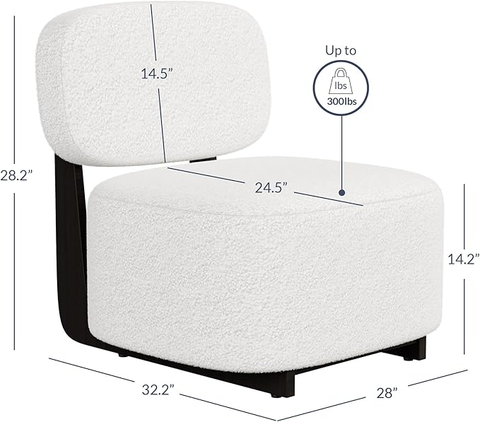 BELLEZE Modern Sherpa Accent Chair with Rubber Wood Base Upholstered Bouclé Soft Chair Low-Profile Single Sofa Chair with Flat Backrest Cozy Living Room or Bedroom Chair White