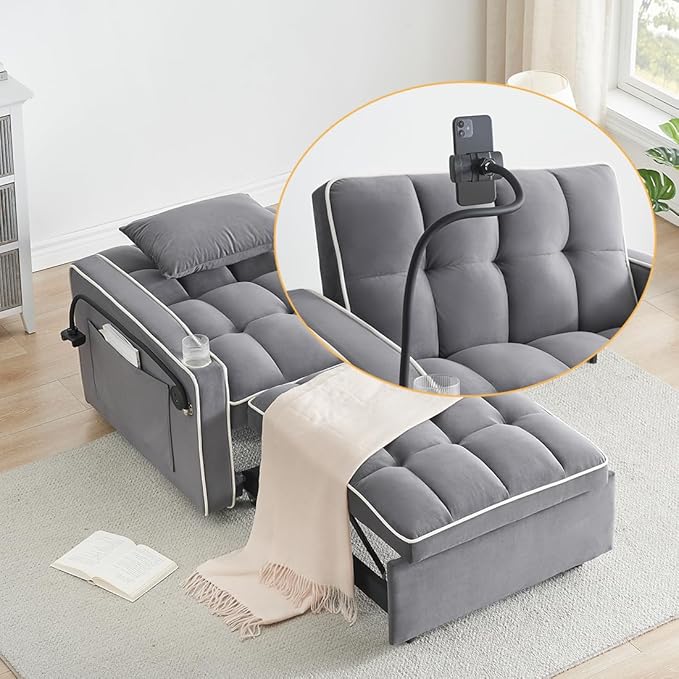 3 in 1 Convertible Sleeper Chair Modern Pull Out Couch Bed Single Recliner with Adjustable Back Velvet Futon Folding Sofa Bed Chair for Living Room Bedroom Small Spaces (Gray-2)