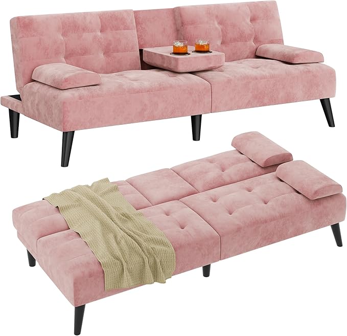 Shintenchi Futon Sofa Bed Velvet Foldable Couch Reclining Sleeper with Removable Armrests Upholstered Loveseat Sofa Couch with Folding Cup Holders for Home Office Pink