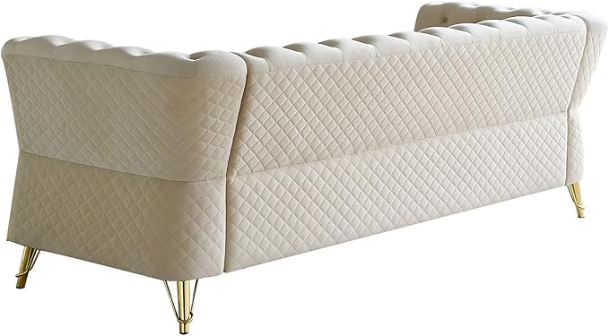 87.4 Velvet Sofa Couch Mid-Century Modern Chesterfield Loveseat Classic Button Tufted 2 Seater Couch with Golden Legs for Living Room Office Bedroom (Beige)