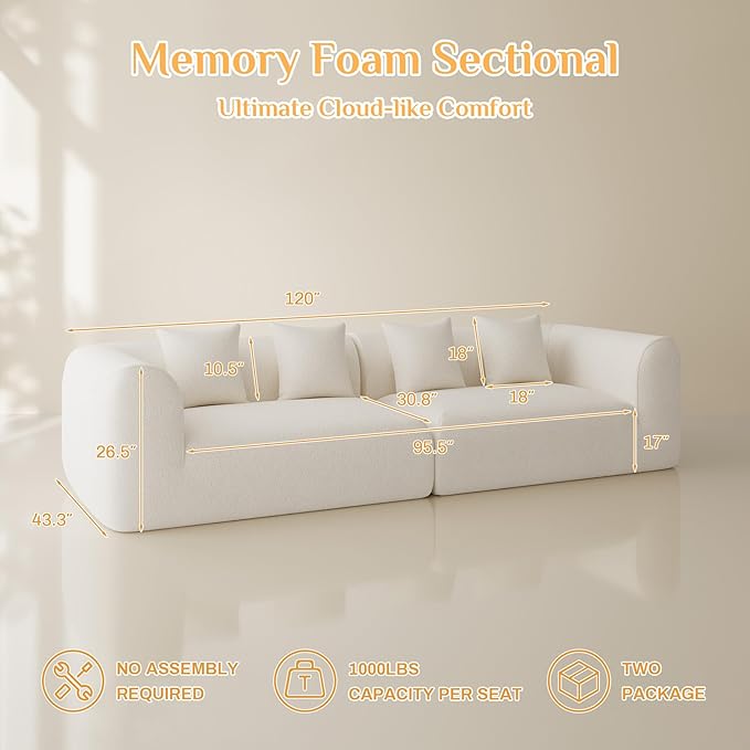 120 Curved Sectional Sofa Cream Cloud Couches Boneless Sectional Couch for Living Room Modular Curved Couch Oversized Comfy Modern Sofa Plush Chenille with 4 Pillows Beige