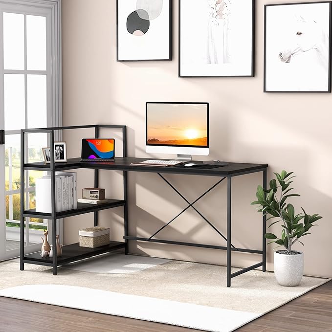 Tangkula Reversible L-Shaped Computer Desk Space Saving Corner Desk with 3-Tier Storage Shelves &amp Metal Frame Modern Executive Home Office Desk PC Laptop Desk Workstation for Small Space (Black