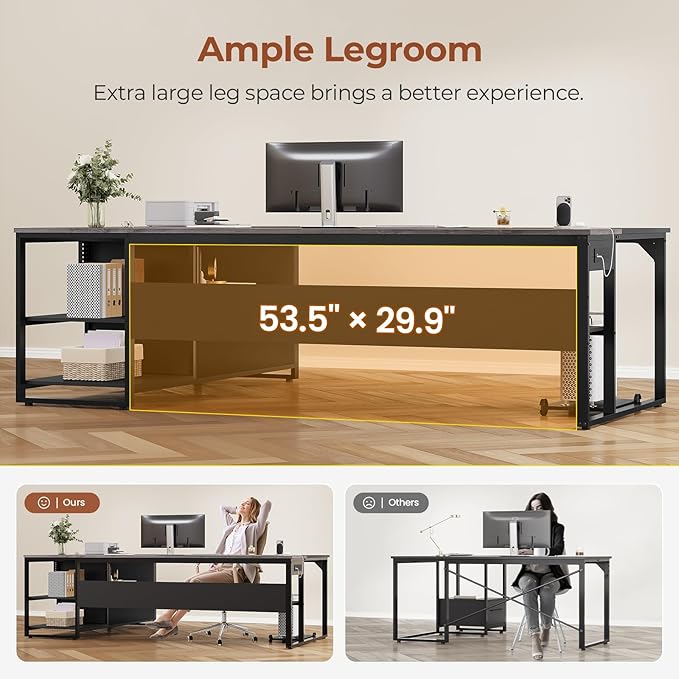 71 Executive Desk Large Office Desk with Widen File Drawers &amp Power Outlets Reversible L Shaped Computer Desk Corner Desk with Storage Shelves CPU Stand Hooks Business Furniture (Grey)
