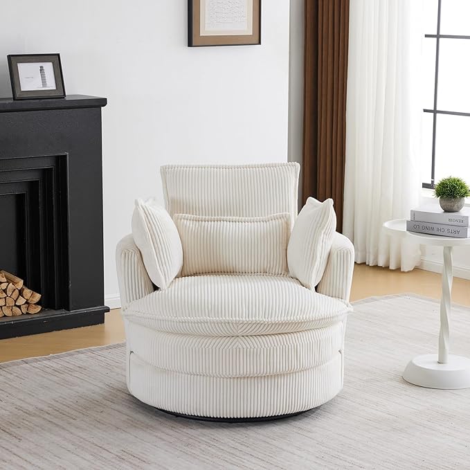 Karl home Swivel Barrel Chair-Corduroy360 Degree Modern Lounge Armchair ChairComfy Round Accent Single Sofa Chair with 3 Pillows for Living RoomBedroomLoungeHotelBeige