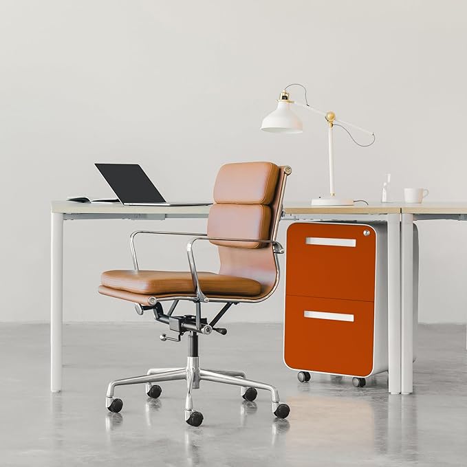 Laura Davidson Furniture Stockpile 2 Drawer Mobile File Cabinet with Lock - Under Desk Metal Filing Cabinet Legal/Letter File Folders Wheels and Stationary Feet Pre-Assembled White/Orange