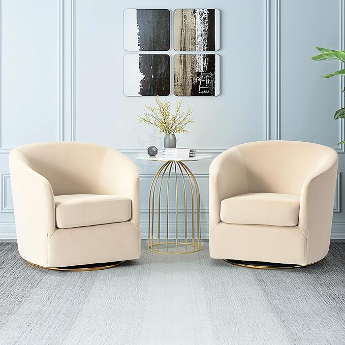 HULALA HOME Swivel Accent Chair with Gold Metal Base Set of 2 Contemporary Velvet Curved Swivel Barrel Chair Upholstered Club Armchair Leisure Single Sofa for Living Room Nursery Bedroom(TAN)
