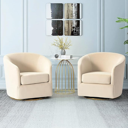 HULALA HOME Swivel Accent Chair with Gold Metal Base Set of 2 Contemporary Velvet Curved Swivel Barrel Chair Upholstered Club Armchair Leisure Single Sofa for Living Room Nursery Bedroom(TAN)