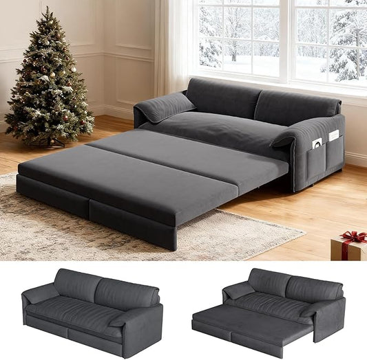 healthomse 66 Queen Size Sleeper Sofa Bed 3-in-1 Convertible Pull Out Sofa Bed with Side Storage Modern Velvet Loveseat for Living Room Bedroom Apartment Office Lounge (Grey 66inch)