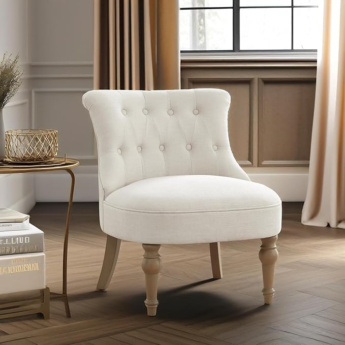 Living Room Chairs Armless Accent Chair Comfy Tufted Bedroom Chair Upholstered Chair with Wooden Legs for Reading Room Reception Apartments and Dormitories (Beige)
