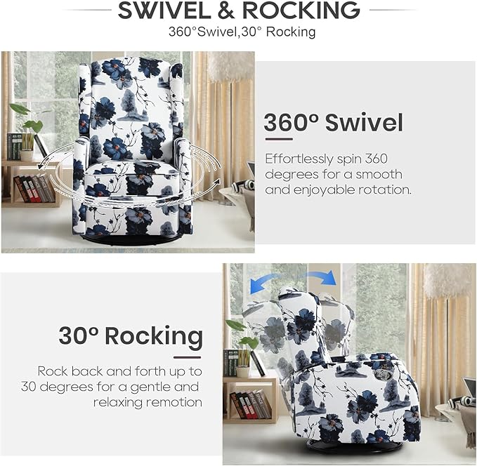 Floral Accent Swivel Rocker Recliner Wingback Recliner Chair with Padded Seat High Back Upholstered Armchair for Living Room Bedroom Home Ofiice Blue Ink Floral (Blue Ink Swivel)