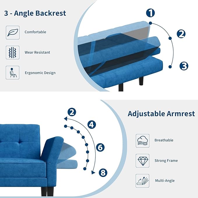 GarveeHome 89 Futon Sofa Bed Convertible Sleeper Sofa with Adjustable Backrest &amp Armrest Modern Futon Couch Bed Loveseat Sleeper for Living Room Bedroom Apartments Blue