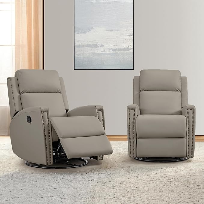 Recliner Chair Leather Swivel Rocker Reclining Sofa for Adults Manual Single Sofa with Rivet Decoration for Living Room Bedroom