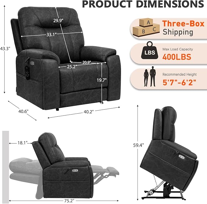 EONIX Triple Motor Lay Flat Power Lift Recliner Chair for Elderly 400lbs Electirc Lift Chair for Living Room Independent Adjustable Lumbar Extended Footrest Hidden Cup Holders Charcoal Black